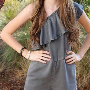 One shoulder jumpsuit. Kids 8, ultra soft gray.